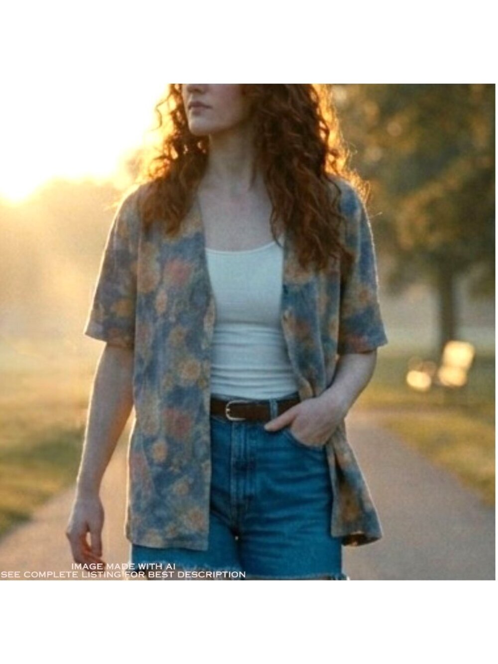 Vintage Cotton Linen Blend Periwinkle Floral Cardigan L Short Sleeves Romantic